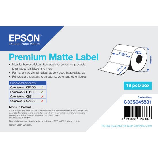 Epson Premium Matte Label - Die-cut Roll: 102mm x 51mm, 650 labels