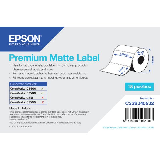 Epson Premium Matte Label - Die-cut Roll: 102mm x 76mm, 440 labels