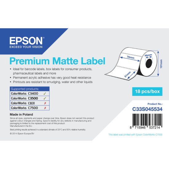 Epson Premium Matte Label - Die-cut Roll: 76mm x 51mm, 650 labels