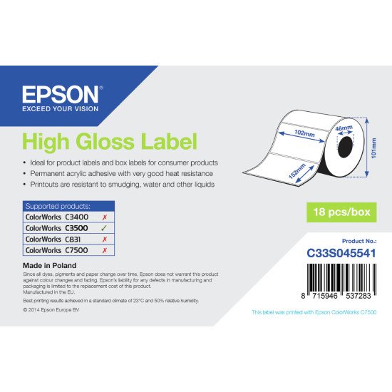 Epson High Gloss Label - Die-cut Roll: 102mm x 152mm, 210 labels