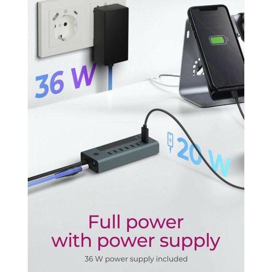 ICY BOX IB-HUB1457-C31 hub & concentrateur USB 3.2 Gen 1 (3.1 Gen 1) Type-C 10000 Mbit/s Bleu, Gris