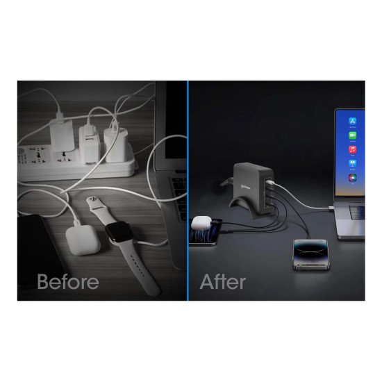Manhattan Station de charge GaN USB Power Delivery à 4 ports, 240 W / PD 3.1, 4 ports USB-C PD jusqu'à 140 W par port, puissance totale de 240 W, noir