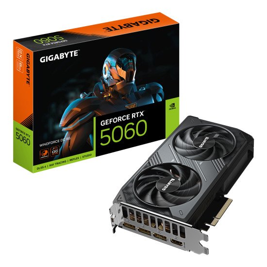 GIGABYTE GeForce RTX 5060 WINDFORCE OC 8G Carte Graphique - 8GB GDDR7, 128bit, PCI-E 5.0, 2512 MHz Fréquence du cœur, 3 x DisplayPort, 1 x HDMI, GV-N5060WF2OC-8GD GIGABYTE GeForce RTX 5060 WINDFORCE OC 8G Carte Graphique - 8GB GDDR7, 128bit, PCI-E 5.0, 2512 MHz Fréquence du cœur, 3 x DisplayPort, 1 x HDMI, GV-N5060WF2OC-8GD