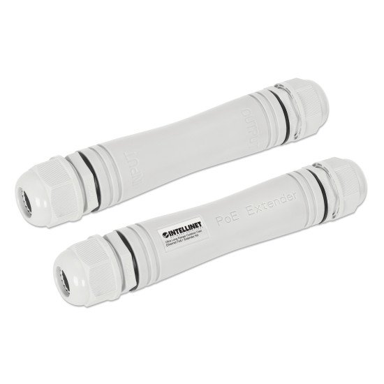 Intellinet Kit extendeur PoE+ extérieur très longue portée Fast Ethernet, étend le PoE jusqu'à 1000 m, 1 port PD jusqu'à 95 W, compatible IEEE 802.3bt (4PPoE), IP67, lot de 2 modules, plastique, gris, Alimentation par Ethernet, Power Over Ethernet, garant