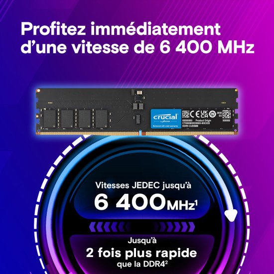 Crucial CT2K32G64C52CU5 module de mémoire 64 Go 2 x 32 Go DDR5 6400 MT/s Crucial CT2K32G64C52CU5 module de mémoire 64 Go 2 x 32 Go DDR5 6400 MT/s