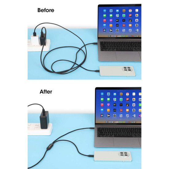 Manhattan Câble de charge USB-C vers USB-C double, répartiteur intelligent, 100 W, 2 m, charge deux appareils depuis un port USB-C PD, gaine tressée, noir, garantie 3 ans