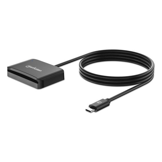 Manhattan Lecteur de cartes à puce à contact USB-C, avec emplacement microSD, connecteur USB-C mâle, compatible avec Windows, macOS et Linux, lit les cartes SIM avec adaptateur, câble de 1 m, noir, garantie de 3 ans