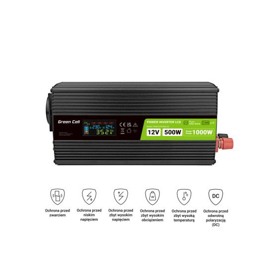 Green Cell Przetwornica napicia PowerInverter LCD 12 V 500W/1000W Przetwornica samochodowa z wywietlaczem - czysty sinus adaptateur de puissance & onduleur Auto Noir