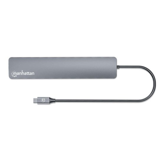 Manhattan Dock/hub USB-C, 7 ports : 3x USB-A + 4x USB-C, Pavec Power Delivery (PD) 100 W - nécessite un chargeur USB-C externe (non inclus). Alimenté par USB (aucune alimentation externe requise) lorsque le PD n'est pas utilisé, aluminium
