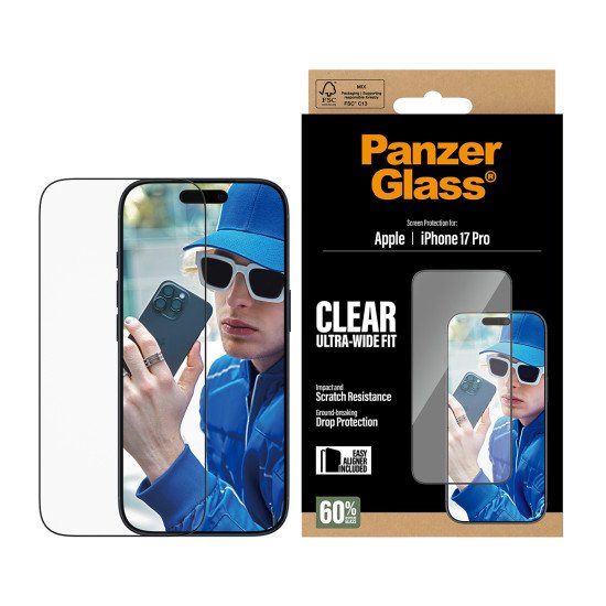 PanzerGlass ® Screen Protector iPhone 17 Pro | Ultra-Wide Fit w. EasyAligner Protection d'écran transparent Apple 1 pièce(s) PanzerGlass ® Screen Protector iPhone 17 Pro | Ultra-Wide Fit w. EasyAligner Protection d'écran transparent Apple 1 pièce(s)
