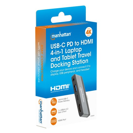 Manhattan Dock/hub de voyage USB-C, 4 ports : HDMI, USB-A, USB-C et audio 3,5 mm, avec Power Delivery (PD) 100 W - nécessite un chargeur USB-C externe (non inclus). Alimenté par USB (aucune alimentation externe requise) lorsque le PD n'est pas utilisé