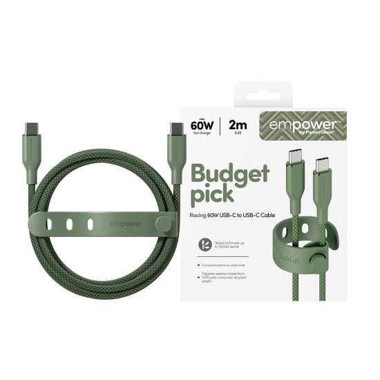 PanzerGlass empower™ by ® Racing 60W USB-C to USB-C Cable | USB 2.0 | 2M | Sage câble USB Vert