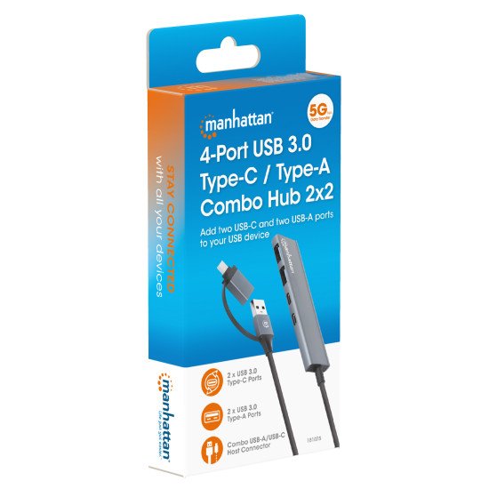 Manhattan Dock/hub combo USB-C & USB-A, 4 ports : 2x USB-A + 2x USB-C, 5 Gbit/s (USB 3.0), Alimenté par USB (aucune alimentation externe requise), aluminium