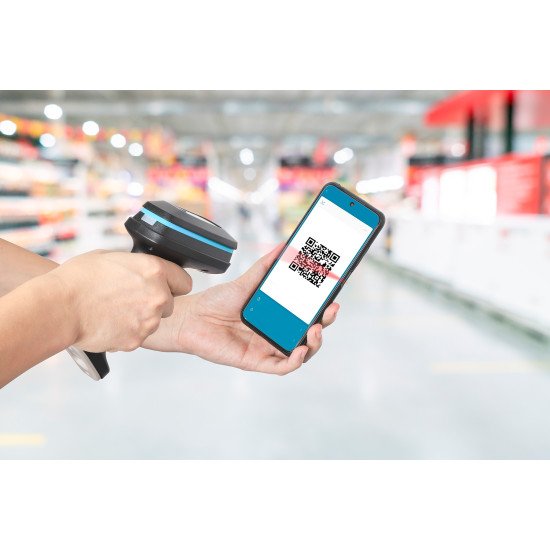 Manhattan Scanner code-barres 2D sans fil, profondeur de lecture 250 mm, portée effective jusqu'à 80 m (ligne de vue), lumière ambiante max. 100 000 lux, noir, câble de charge USB-A vers USB-C (1 m) inclus, garantie 3 ans
