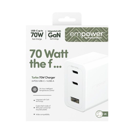 PanzerGlass empower by ® Turbo 70W Multiple Charger incl. 2 x USB-C + USB-A | UK Plug | Silver White Protection d'écran transparent Universel 1 pièce(s)