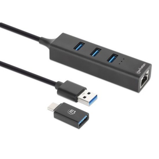 Manhattan Dock/hub combo USB-C & USB-A, 4 ports : Ethernet + 3x USB-A, 5 Gbit/s (USB 3.0), Alimenté par USB (aucune alimentation externe requise)