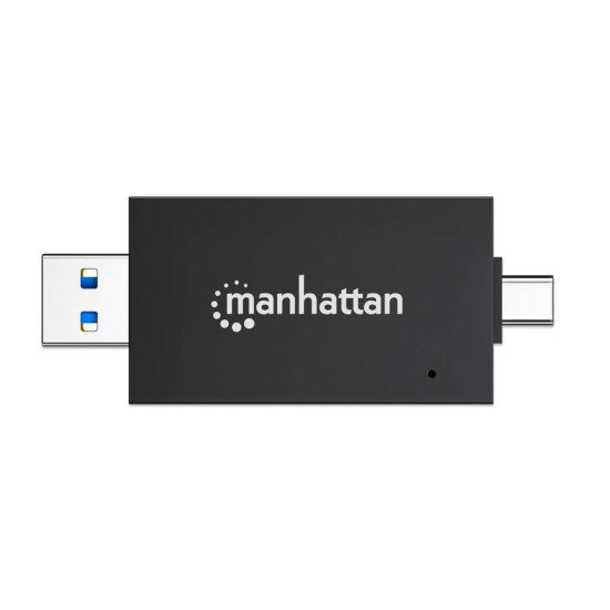 Manhattan Lecteur/enregistreur de cartes multiformat USB-A/USB-C, 5 Gbps (USB 3.0), connecteur mâle vers emplacements microSD et SD/MMC, format mini, compatible avec Windows ou Mac, noir/translucide, garantie de 3 ans