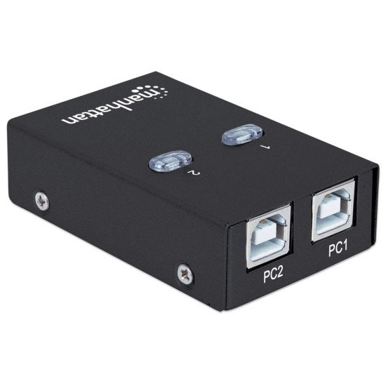 Manhattan Sélecteur de partage USB-A automatique, 2 ports USB-B, 480 Mbit/s (USB 2.0), double commande (auto-détection ou manuelle), Alimenté par USB (aucune alimentation externe requise), câble USB-A vers USB-B 1,5 m inclus
