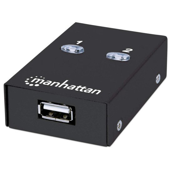 Manhattan Sélecteur de partage USB-A automatique, 2 ports USB-B, 480 Mbit/s (USB 2.0), double commande (auto-détection ou manuelle), Alimenté par USB (aucune alimentation externe requise), câble USB-A vers USB-B 1,5 m inclus