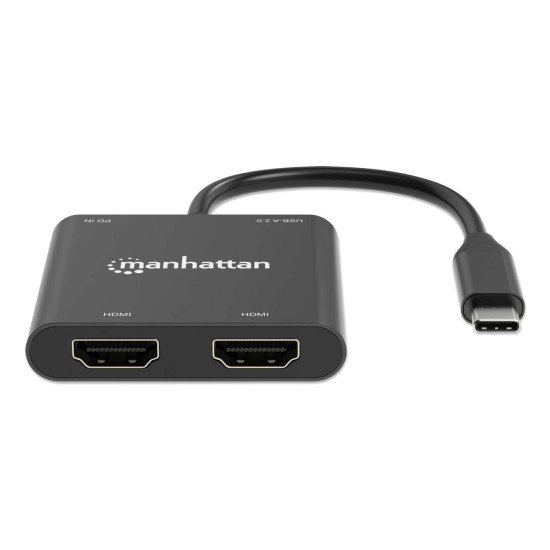 Manhattan Adaptateur USB-C vers double HDMI + USB-A, double 4K@30Hz ou 4K@60Hz (un écran), PD 100 W, 480 Mbit/s (USB 2.0), câble 15 cm, noir, garantie 3 ans