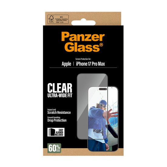 PanzerGlass ® Screen Protector iPhone 17 Pro Max | Ultra-Wide Fit w. EasyAligner Protection d'écran transparent Apple 1 pièce(s) PanzerGlass ® Screen Protector iPhone 17 Pro Max | Ultra-Wide Fit w. EasyAligner Protection d'écran transparent Apple 1 pièce(s)