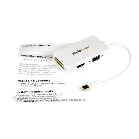 StarTech.com Adaptateur de voyage Mini DisplayPort vers VGA / DVI / HDMI - Convertisseur vidéo 3-en-1 - Blanc