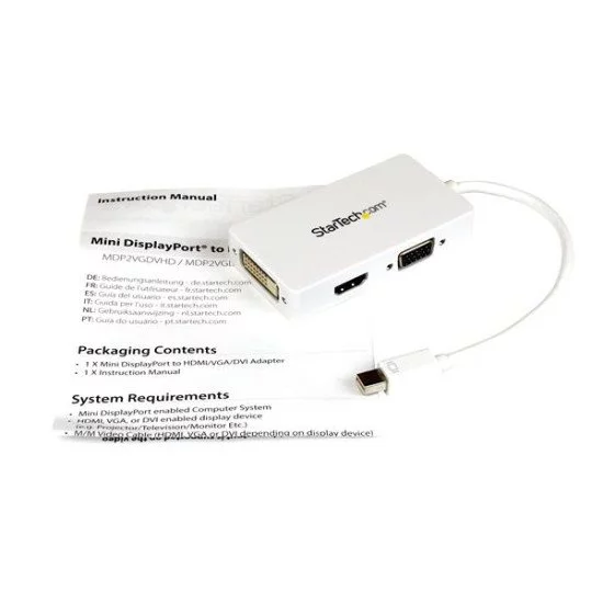 StarTech.com Adaptateur de voyage Mini DisplayPort vers VGA / DVI / HDMI - Convertisseur vidéo 3-en-1 - Blanc StarTech.com Adaptateur de voyage Mini DisplayPort vers VGA / DVI / HDMI - Convertisseur vidéo 3-en-1 - Blanc