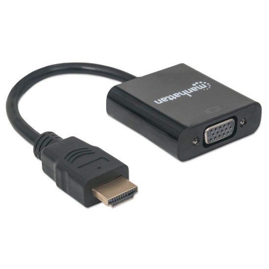 Manhattan Adaptateur HDMI vers VGA 1080p, 30 cm, mâle vers femelle, port alimentation micro-USB si nécessaire, noir, garantie 3 ans, équivalent à HD2VGAE2