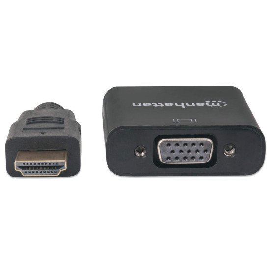 Manhattan Adaptateur HDMI vers VGA 1080p, 30 cm, mâle vers femelle, port alimentation micro-USB si nécessaire, noir, garantie 3 ans, équivalent à HD2VGAE2