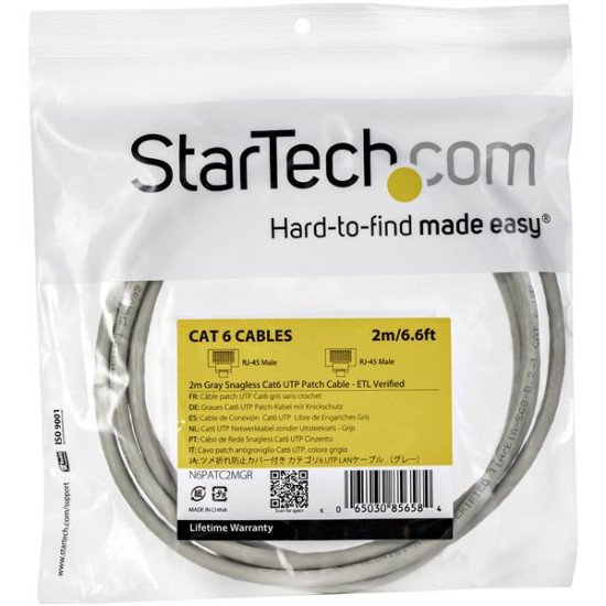 StarTech.com Câble réseau Cat6 Gigabit UTP sans crochet de 2m - Cordon Ethernet RJ45 anti-accroc - M/M - Gris