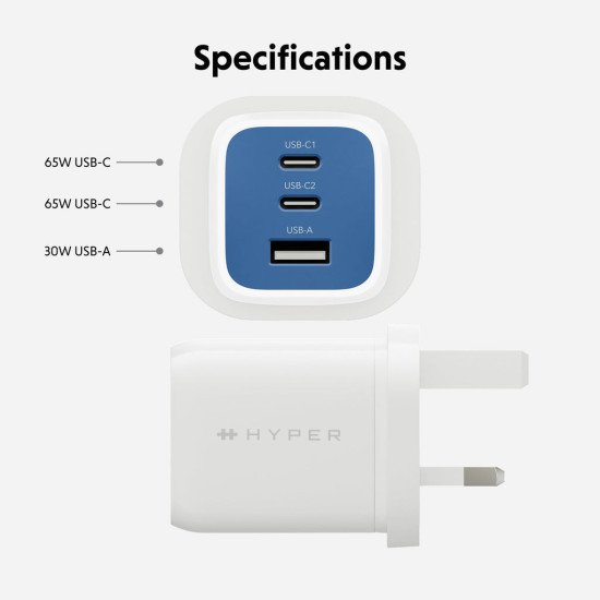 Targus HyperJuice Flex 65W GaN Ordinateur portable, Smartphone, Casque, Consoles portables Bleu, Blanc Secteur Intérieure