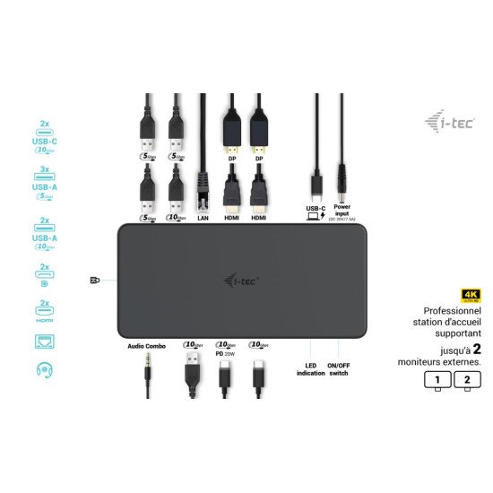 i-tec USB 3.0 / USB-C / Thunderbolt 3 Professional Dual 4K Display Docking Station Generation 2 + Power Delivery 100W