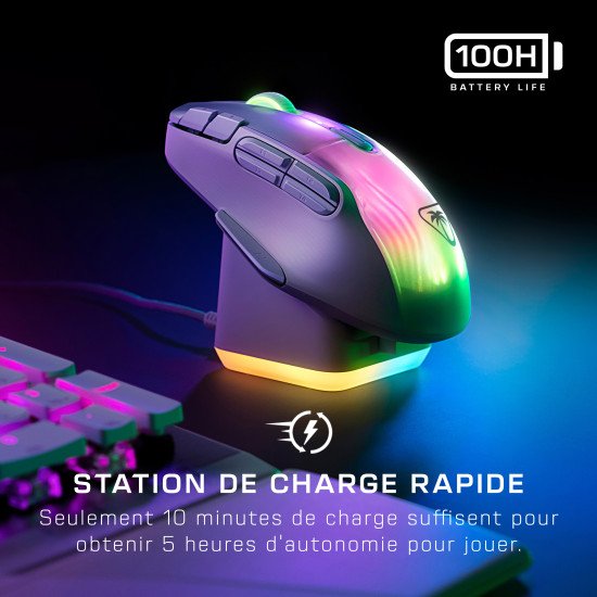 Turtle Beach Kone XP Air - Souris gaming RGB ergonomique, personnalisable et sans fil, Bluetooth, capteur optique 19 000 DPI, autonomie de batterie de 100 heures, station de charge, 29 entrées programmables, éclairage AIMO RGB, molette 4D Blanc