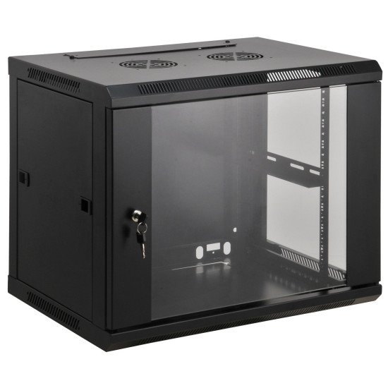 Intellinet Armoire réseau murale 19" (standard), 12U, profondeur 450 mm, noire, assemblée, charge max. 60 kg, utilisable sur bureau ou sol, profondeur utile 350 mm, porte métal et verre, panneaux latéraux amovibles