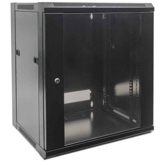 Intellinet Armoire réseau murale 19" (standard), 15U, profondeur 600 mm, noire, en kit, charge max. 60 kg, utilisable sur bureau ou sol, profondeur utile 410 mm, porte métal et verre, panneaux latéraux amovibles