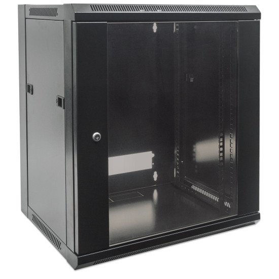 Intellinet Armoire réseau murale 19" (standard), 12U, profondeur 600 mm, noire, en kit, charge max. 60 kg, utilisable sur bureau ou sol, profondeur utile 410 mm, porte métal et verre, panneaux latéraux amovibles