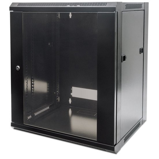 Intellinet Armoire réseau murale 19" (standard), 12U, profondeur 450 mm, noire, en kit, charge max. 60 kg, utilisable sur bureau ou sol, profondeur utile 270 à 350 mm, , porte métal et verre, panneaux latéraux amovibles