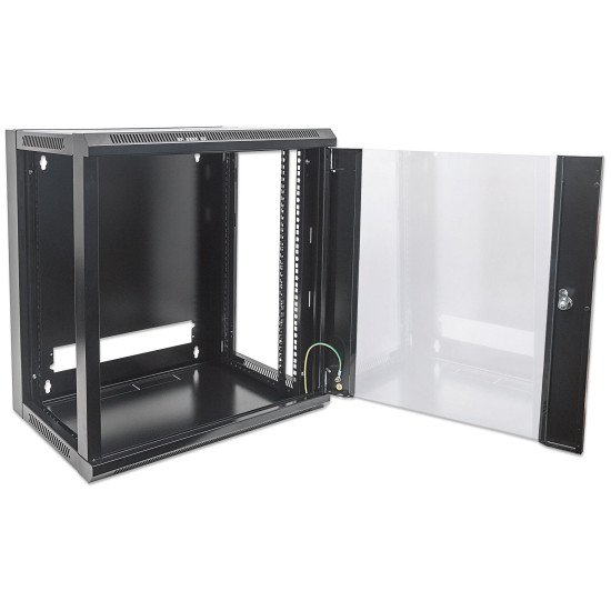 Intellinet Armoire réseau murale 19" (standard), 12U, profondeur 600 mm, noire, en kit, charge max. 60 kg, utilisable sur bureau ou sol, profondeur utile 410 mm, porte métal et verre, panneaux latéraux amovibles