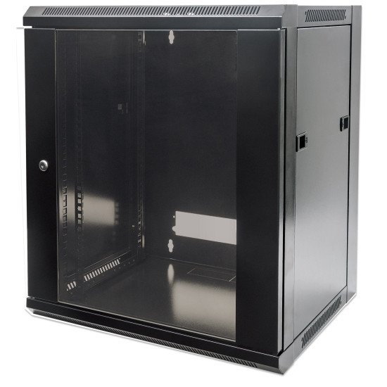 Intellinet Armoire réseau murale 19" (standard), 12U, profondeur 600 mm, noire, en kit, charge max. 60 kg, utilisable sur bureau ou sol, profondeur utile 410 mm, porte métal et verre, panneaux latéraux amovibles