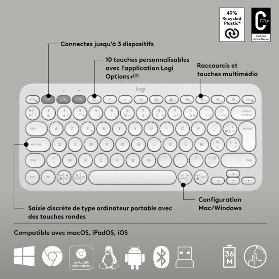 Logitech Pebble 2 Combo clavier Souris incluse RF sans fil + Bluetooth AZERTY Français Blanc