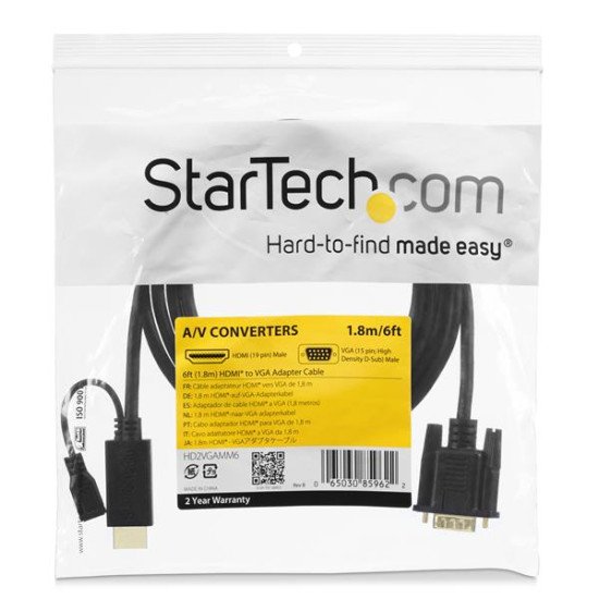 StarTech.com Câble adaptateur HDMI® vers VGA de 1,8m - Convertisseur actif HDMI vers HD15 - M/M - 1920x1200 / 1080p