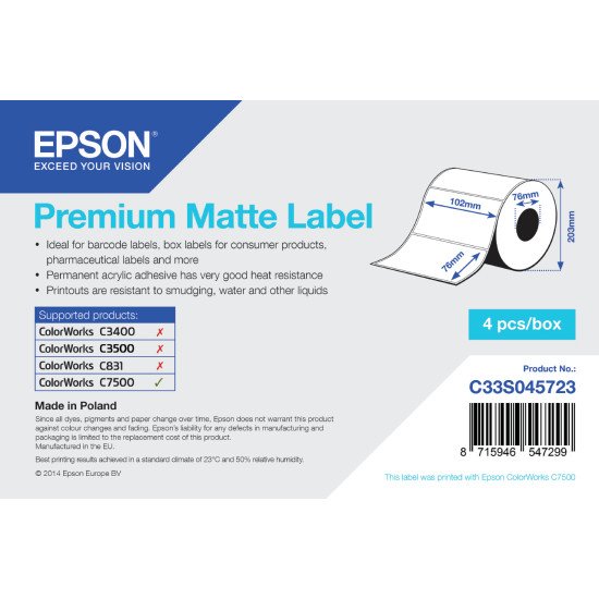 Epson Premium Matte Label - Die-cut Roll: 102mm x 76mm, 1570 labels