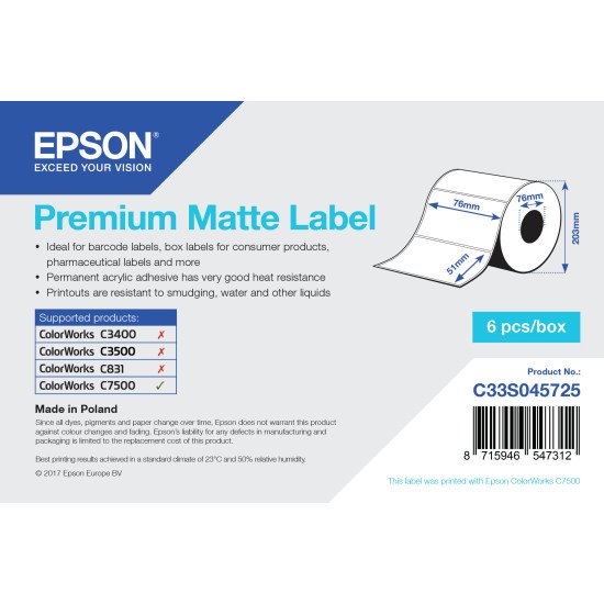 Epson Premium Matte Label - Die-cut Roll: 76mm x 51mm, 2310 labels