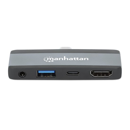 Manhattan Dock/hub de voyage USB-C, 4 ports : HDMI, USB-A, USB-C et audio 3,5 mm, avec Power Delivery (PD) 100 W - nécessite un chargeur USB-C externe (non inclus). Alimenté par USB (aucune alimentation externe requise) lorsque le PD n'est pas utilisé