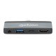 Manhattan Dock/hub de voyage USB-C, 4 ports : HDMI, USB-A, USB-C et audio 3,5 mm, avec Power Delivery (PD) 100 W - nécessite un chargeur USB-C externe (non inclus). Alimenté par USB (aucune alimentation externe requise) lorsque le PD n'est pas utilisé