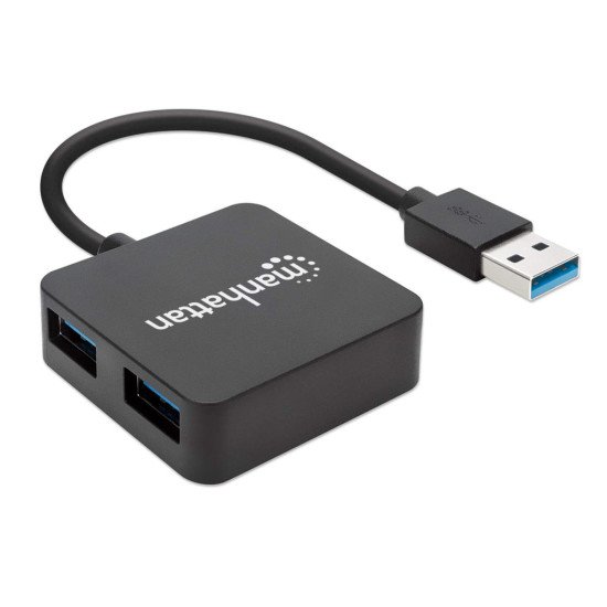 Manhattan Hub USB-A 4 ports, 5 Gbit/s (USB 3.0), Alimenté par USB (aucune alimentation externe requise). Charge rapide : 1 port jusqu'à 0,9 A ; pour la charge sur 4 ports, une alimentation externe est requise (non incluse), équivalent à ST4300MINU3B