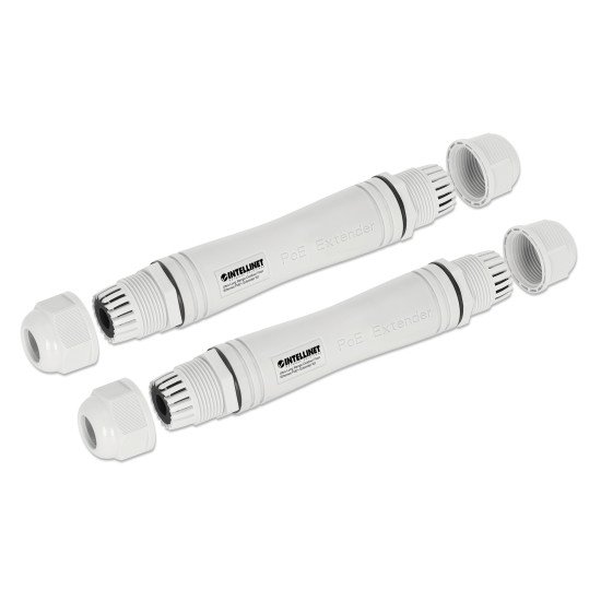 Intellinet Kit extendeur PoE+ extérieur très longue portée Fast Ethernet, étend le PoE jusqu'à 1000 m, 1 port PD jusqu'à 95 W, compatible IEEE 802.3bt (4PPoE), IP67, lot de 2 modules, plastique, gris, Alimentation par Ethernet, Power Over Ethernet, garant