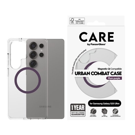 PanzerGlass CARE by ® Flagship Case Transparent Urban Combat w. Plum Purple Qi Compatible Samsung Galaxy S25 Ultra coque de protection pour téléphones portables Housse