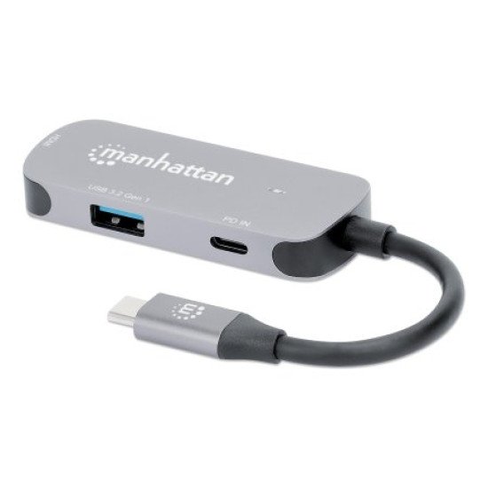 Manhattan Dock/hub USB-C, 3 ports : HDMI, USB-A, USB-C, avec Power Delivery (PD) 100 W - nécessite un chargeur USB-C externe (non inclus). Alimenté par USB (aucune alimentation externe requise) lorsque le PD n'est pas utilisé, aluminium