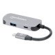Manhattan Dock/hub USB-C, 3 ports : HDMI, USB-A, USB-C, avec Power Delivery (PD) 100 W - nécessite un chargeur USB-C externe (non inclus). Alimenté par USB (aucune alimentation externe requise) lorsque le PD n'est pas utilisé, aluminium